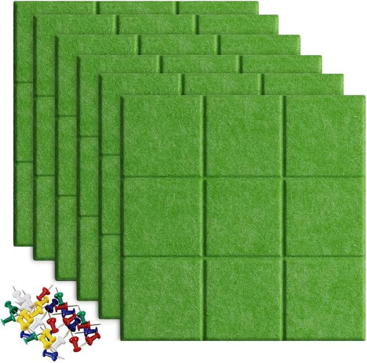 Large Felt Board Tiles for Wall with 30 Push Pins, 11.8"x11.8" Pack of 6 Pin Board Notice Boards for Home Office Kitchen, Bulletin Board Wall Tiles for Photos Memos (Green, 6 Pack)
