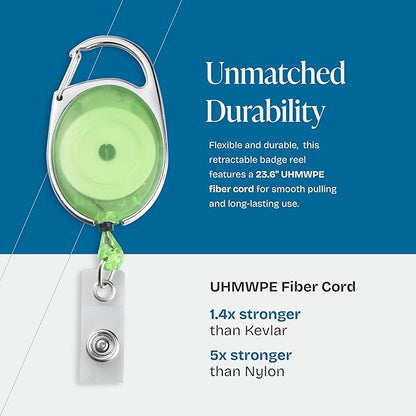 Will Well ID Badge Holders with Clip and Keyring - Vertical Clear Plastic 3.7" x 2.5" Sleeves Fit Up to 3 Cards - Retractable 24" UHMWPE Fiber Pull Cords - 2-Pack, Transparent Green Reels