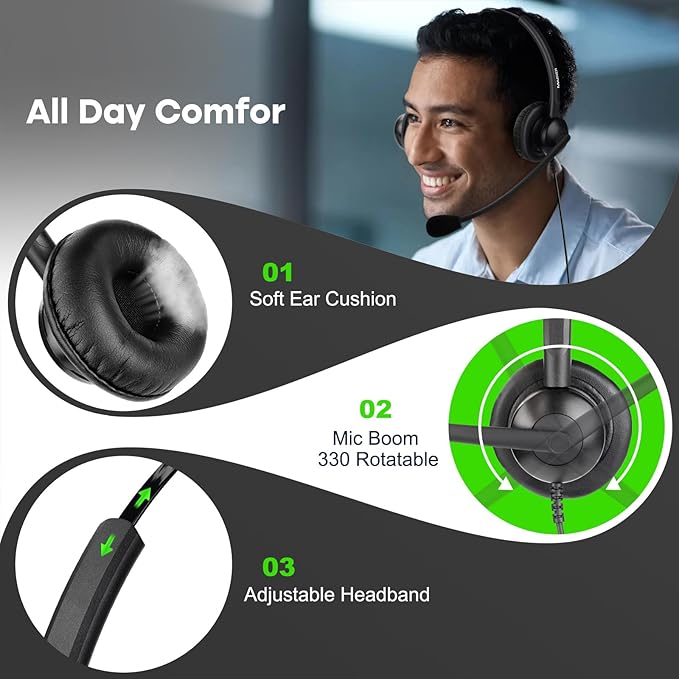 MAIRDI Telephone Headset with Microphone Noise Canceling, Binaural Call Center Office Headphone with RJ9 Jack & 3.5mm Connector for Landline Phone Cell Phone PC Laptop, Work for Polycom Avaya Nortel