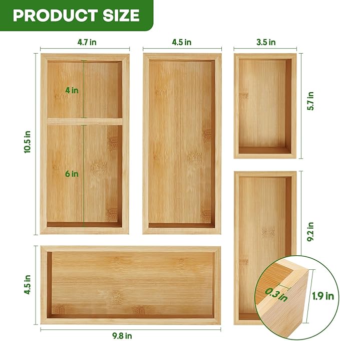 Bamboo Drawer Organizer Set, 5 PCS Multi-Use Individual Wood Storage Organizers, Junk Drawer Divider and Storage Trays Containers for Kitchen, Bathroom, Office Desk, Makeup, Jewelry, Utensils