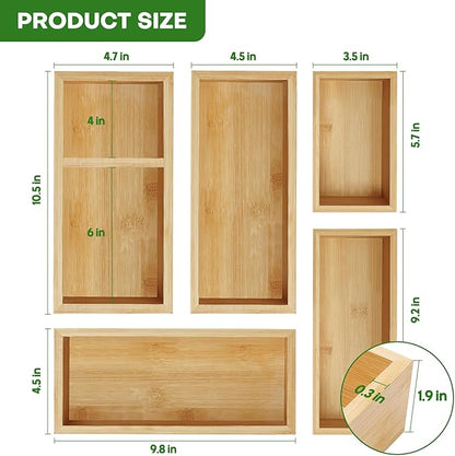 Bamboo Drawer Organizer Set, 5 PCS Multi-Use Individual Wood Storage Organizers, Junk Drawer Divider and Storage Trays Containers for Kitchen, Bathroom, Office Desk, Makeup, Jewelry, Utensils