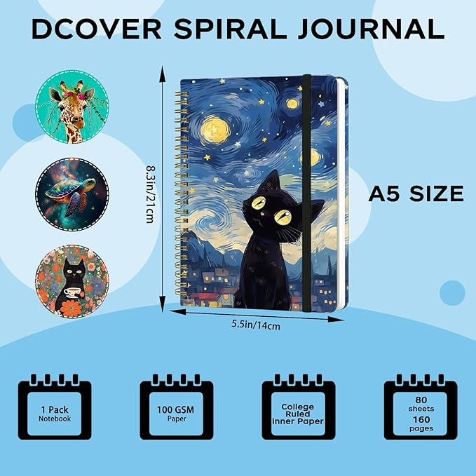 Spiral Notebook - A5 Spiral Notebooks, 8.3'' × 5.8'', 160 Pages, Aesthetic Journaling Notebooks for Women, College Lined Notebook with Elastic Closure, Back Pocket, for School Office, Cat Sky