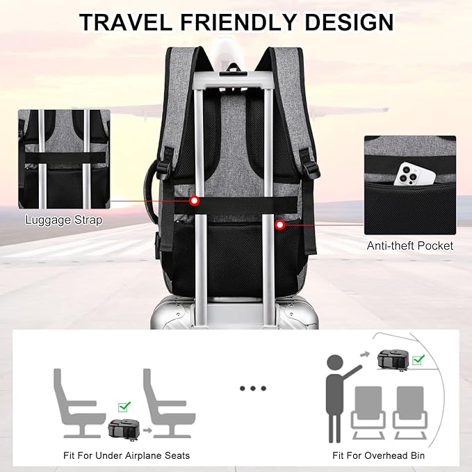 Carry On Backpack, Large Travel Laptop Backpacks, Personal Item Travel Bag with USB Charge Port, Flight-Approved Backpack for Traveling, Water Resistant Luggage Computer Daypack for School, Grey