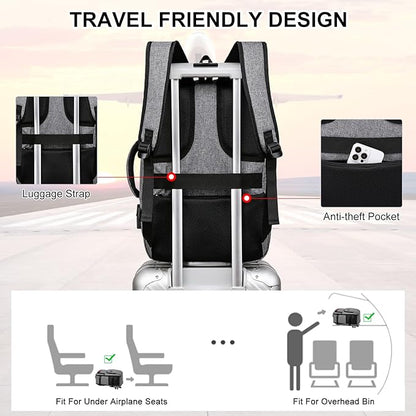 Carry On Backpack, Large Travel Laptop Backpacks, Personal Item Travel Bag with USB Charge Port, Flight-Approved Backpack for Traveling, Water Resistant Luggage Computer Daypack for School, Grey