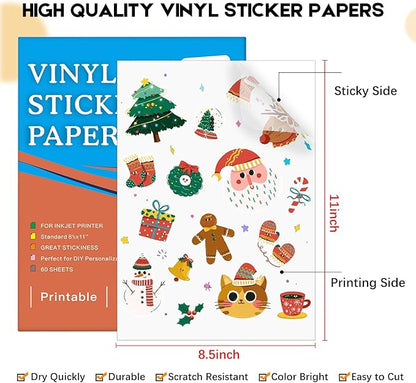 60 Sheets Premium Printable Clear Vinyl Sticker Paper for Inkjet Printer, 8.5x11" Transparently Vinyl Sticker Paper Waterproof, Dries Quickly, Vivid Colors, Tear Resistant, Great for Cutting Machines