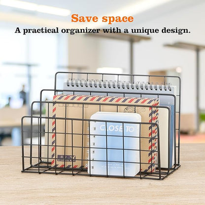 3 Slot Metal Desk Mail Organizer, Mesh Small Large File Magazine Book Record Holders Letter Organizer, Bill/Document/Filing/Folders/Paper Organizer for Desktop (Black-Large)