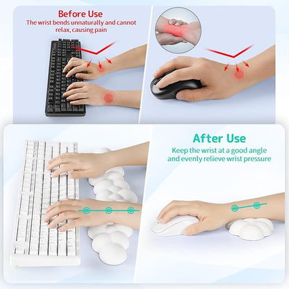 Cloud Wrist Rest Keyboard, Cloud Palm Rest Set with PU Leather Memory Foam, Cute Keyboard Rest for Wrist Support and Arm Rest, Desk Cloud Wrist Pad for PC/Gaming/Hand Cushion/Computer-White