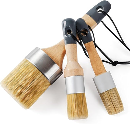 Chalk and Wax Paint Brush 3 Pcs Set, Chalk Paint Brushes for Furniture, Painting or Waxing, Milk Paint, Natural Bristle Stencil Brushes for All Painting and Waxing