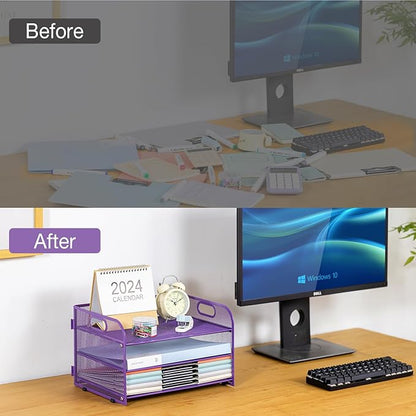 3-Tier Letter Tray Paper Organizer with Handle,Compact Mesh Desk File Organizer for Home Office Supplies Desktop Accessories,Purple