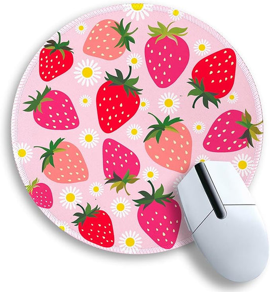 Gctriki Strawberry Mouse Pads for Desk, with Stitched Edge Non-Slip Rubber Base, Cute Small Round Comfortable Computer Mousepad for Laptop Gaming Work, Cute Office Desk Accessories Decor Supplies