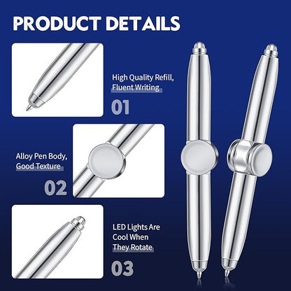 Chinco 2 Pieces Fidget Spinning Pen with LED Light Multi Functional Help Thinking Ballpoint Gift Pen for Adults Students Teenage(White Gold)