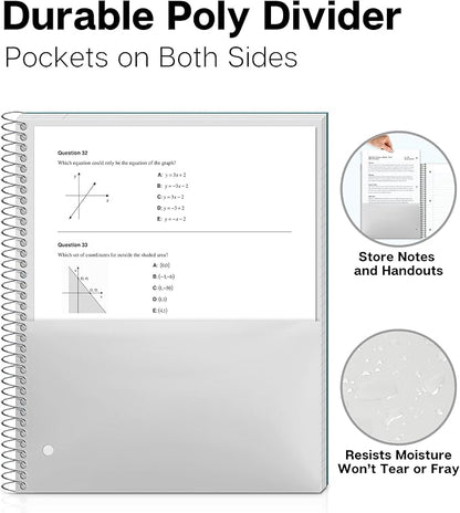 Dunwell 3 Subject Notebook College Ruled (Blue), 150 Sheets (300 Pages), Spiral Notebook 8.5 x 11, Plastic Cover, 3 Pocket Divider Folders, 3-Hole Punched Perforated Paper