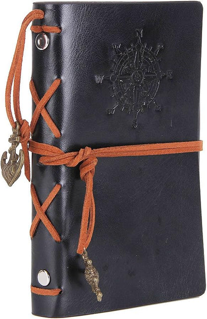 EvZ Leather Writing Journal Notebook, 5 Inches Vintage Nautical Spiral Blank String Diary Notepad Sketchbook Travel to Write in, Unlined Paper, Retro Pendants, Classic Embossed, Black