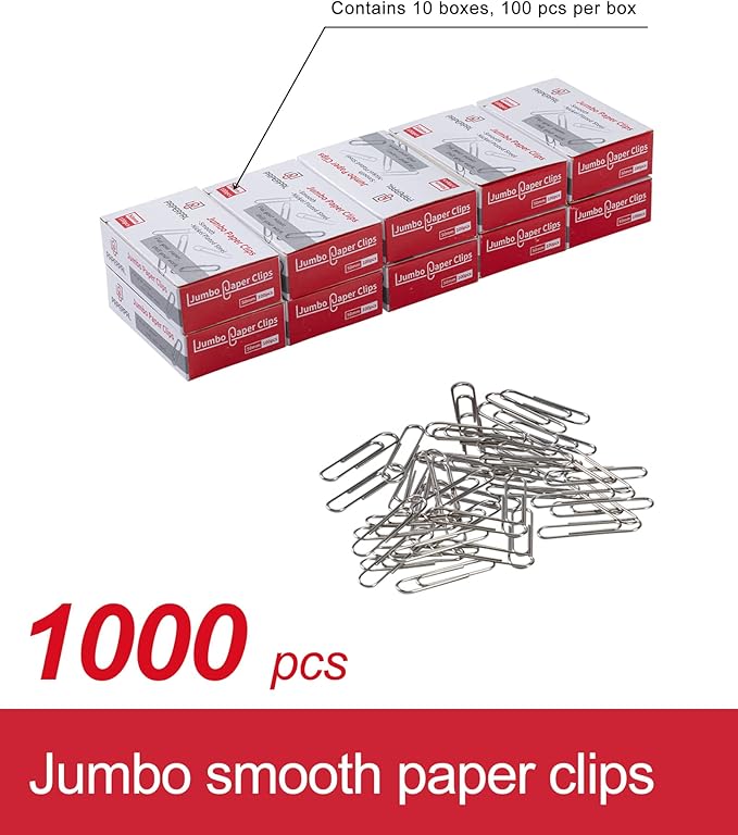 PAPERPAL Jumbo Paper Clips Smooth, 1000 Large Paperclips (10 Boxes of 100 Each), Bulk Paperclips for Office School & Personal Use, Daily DIY, 2" Silver Paper Clips Jumbo Size