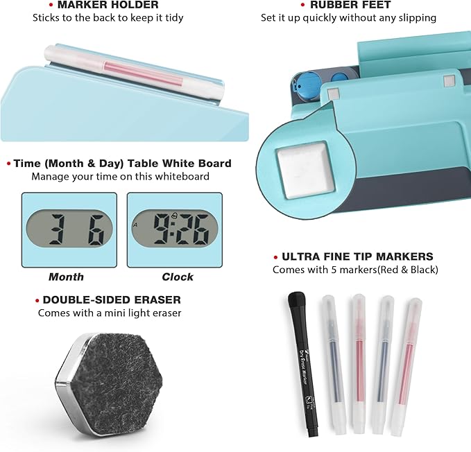 Small Glass Desk Whiteboard Dry-Erase Board with Clock, Small Travel Clock Keychain with Desk Notepad, Time Table Whiteboard for Desk Digital LED Light Display, 8x6 in with Accessories, Teal Blue