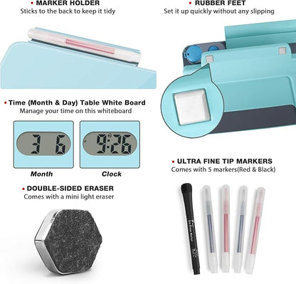 Small Glass Desk Whiteboard Dry-Erase Board with Clock, Small Travel Clock Keychain with Desk Notepad, Time Table Whiteboard for Desk Digital LED Light Display, 8x6 in with Accessories, Teal Blue