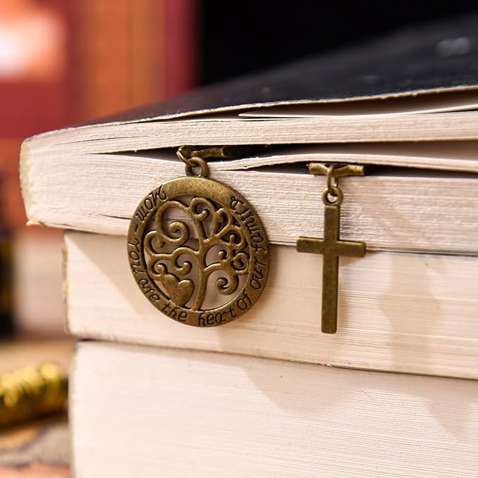 Bookmarks, Handmade Retro Cross Tree of Life Bible Bookmark with Long Leather Straps, Christian Saint Book Mark, Ideal Christian Gift (Style 15)