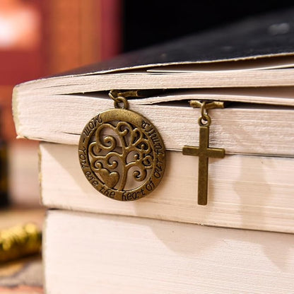Bookmarks, Handmade Retro Cross Tree of Life Bible Bookmark with Long Leather Straps, Christian Saint Book Mark, Ideal Christian Gift (Style 15)