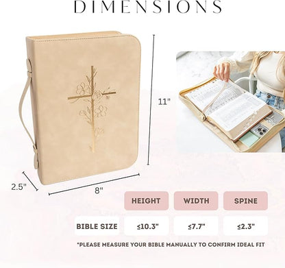 Bible Cover Case for Women - PU Leather Bible Covers for Women –Bible Case for Girls - Minimalist Design Debossed Bible Case, Large Bible Covers for Women – Bible Accessories (Beige/Gold)