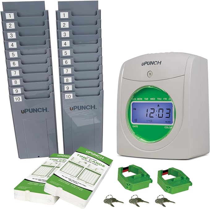 uPunch HN3500 Advanced Time Clock Bundle for Small Business: Complete Employee Time Tracking System with 100 Time Cards, 2 Racks, 2 Ribbons & 6 Keys