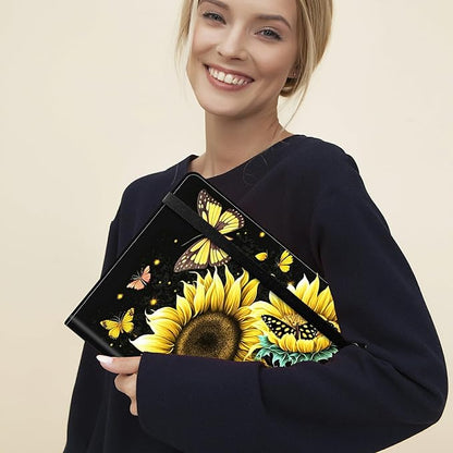 Padfolio Folder with Clipboard,Portfolios Organizer Clipboards with Storage Clipboard Writing Pad PU Leather Conference Document Organizer with Business Card Holder,Sunflower Butterfly