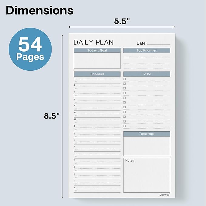 Dunwell Daily Planning Pad - 2 Pack Undated Daily Planner Pad, 54 Tear-Off Pages (5.5x8.5"), Daily To Do List Scheduler, Time Blocked Task Planner Notepad