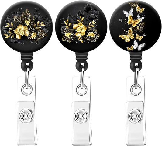 Retractable Badge Reel Clip, Badge Holder with Alligator Clip, Cute Badge Clip on ID Name Card Holders for Nurse Doctor and Office (3Pack Golden Floral)