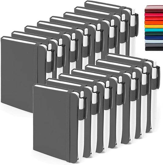 feela 15 Pack Pocket Small Notebooks Bulk, Mini Cute Notepads Hardcover College Ruled Lined Journals with Pen Holder for School Business Memos, with 15 Black Pens, 3.5”x 5.5”, A6, Gray
