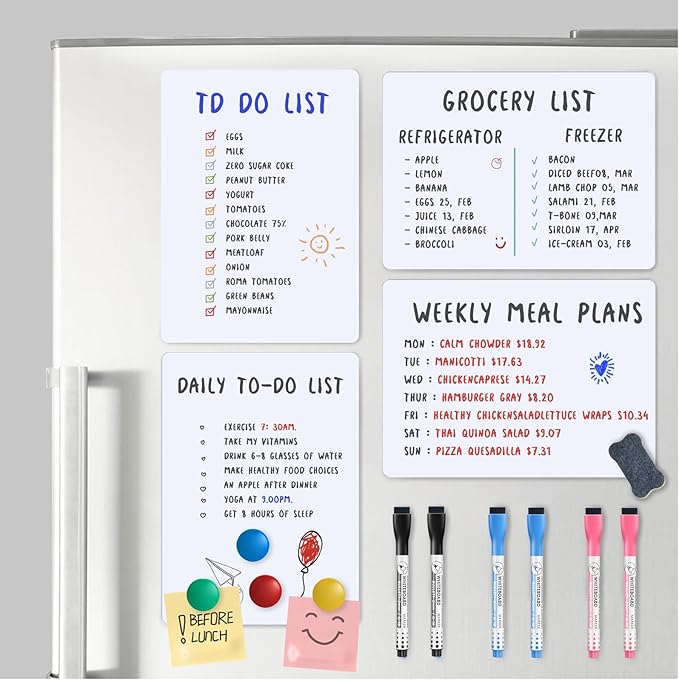Magnetic Fridge Whiteboard Set: Dry Erase White Board (12X8"), Magnets (Bonus), Markers & Erasers