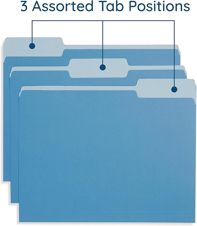 100 Blue Summit Supplies Colorful File Folders with Tabs – Multi Colored File Folders, 1/3 Cut Top Tabs, Letter Size, Durable 11pt Paper, Two Tone, Assorted Colors, Bulk 100 Pack