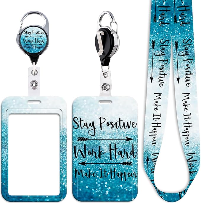 Blue Positive Badge Holder Lanyard & Retractable Badge Reel Lanyard for ID Badges Cute Key Lanyard for Women Men Teachers Staff Aesthetic Work & School Lanyard ID Holder Cruise Lanyard(Quote)