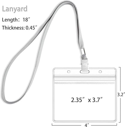 100Pcs Clear Plastic Horizontal Name Tags Badge ID Card Holders and 100Pcs Lanyards with Clip (Grey)
