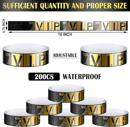 200 Pack VIP Wristbands for Events VIP Bracelets Paper Waterproof Party Wristbands for Events Amusement Parks Concerts Fairs Festivals, 0.79 x 10 Inch(Gold)