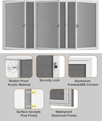 36"x72" Enclosed Bulletin Board, Outdoor Lockable Weather-Resistant Aluminum Cork Noticeboard for School & Office, Silver Frame w/Grey Flet