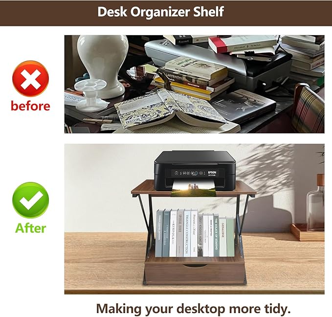 Printer Stand for Desk,2 Tier Desktop Printer Stand,Home Printer Stand with Storage Drawer,Small Printer Table,Desk Organizer Shelf for Top of Desk,Printer Rack for Fax Machine,Scanner-Walnut