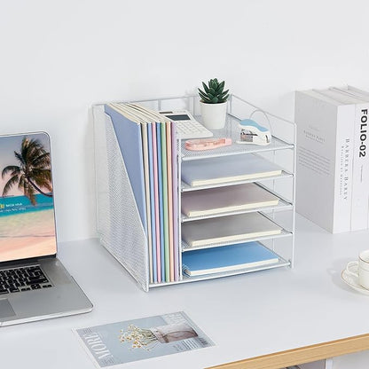 Desk Organizers and Accessories, 5-Tier Paper Letter Tray Organizer with File Holder, Desktop Organizer for Office Supplies, Office Desk Accessories & Workspace (White)
