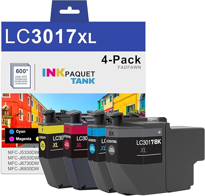 LC3017 LC-3017 High Yield Color Ink (BK/C/M/Y) 4-Pack (LC3017BK, LC3017C, LC3017M, LC3017Y One each) Replacement for Brother LC3017 Ink Cartridges MFC-J5330DW MFC-J6530DW MFC-J6530DW Printer, LC3017XL