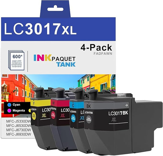 LC3017 LC-3017 High Yield Color Ink (BK/C/M/Y) 4-Pack (LC3017BK, LC3017C, LC3017M, LC3017Y One each) Replacement for Brother LC3017 Ink Cartridges MFC-J5330DW MFC-J6530DW MFC-J6530DW Printer, LC3017XL