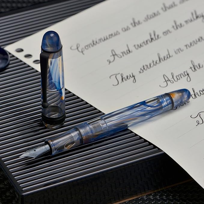 Asvine V126 Vacuum Filling Fountain Pen Blue Swirl Acrylic, Medium Nib Large-Capacity with Gift Case