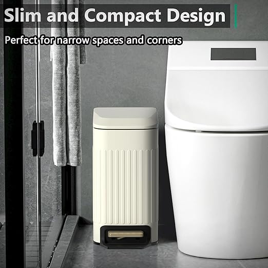 Small Bathroom Trash Can with Lid Soft Close-6L/1.6 Gal Slim Step Garbage Can-Metal Pedal Wastebasket-Narrow Rectangle Garbage Container Bin for Corner Office, Bedroom, Toilet, Live Room-Beige