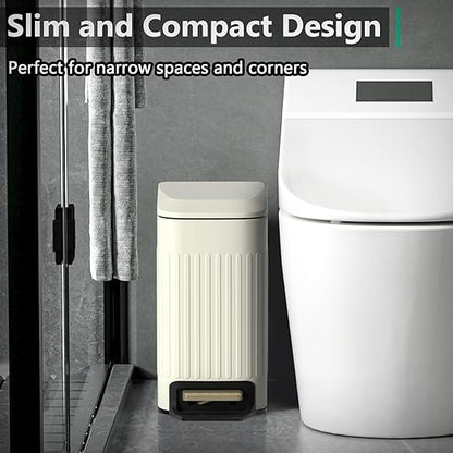 Small Bathroom Trash Can with Lid Soft Close-6L/1.6 Gal Slim Step Garbage Can-Metal Pedal Wastebasket-Narrow Rectangle Garbage Container Bin for Corner Office, Bedroom, Toilet, Live Room-Beige