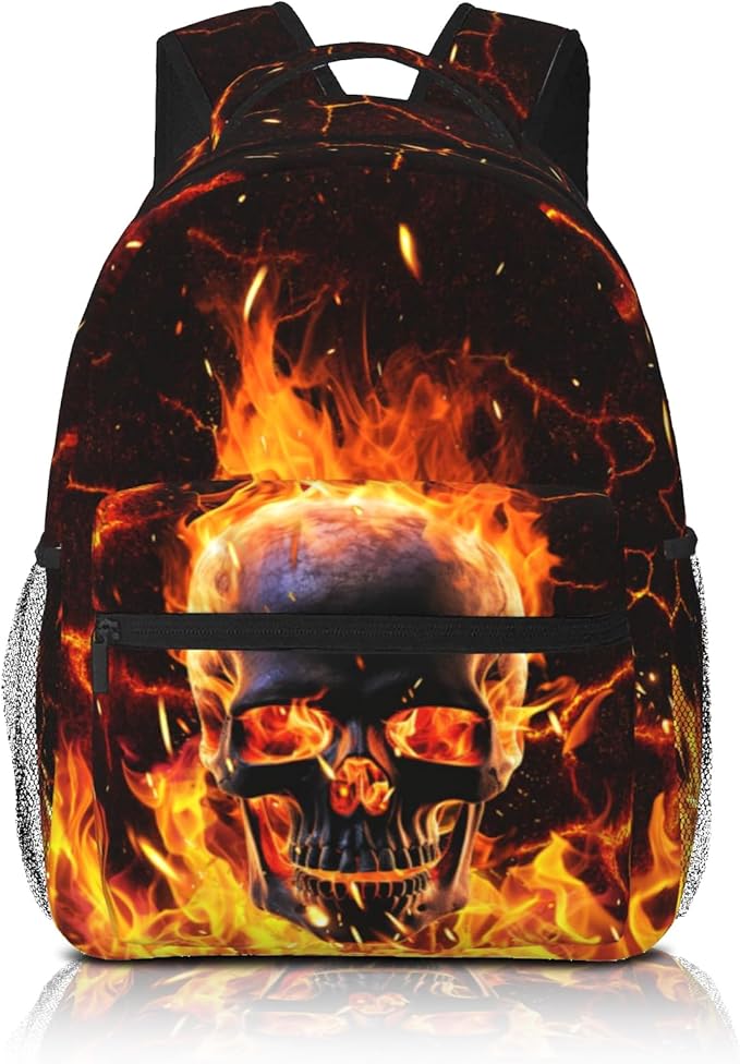 Flaming Skeleton Laptop Book Bag Daily Backpack Large Capacity Universal Waterproof Fire Skull Bags With Adjustable Straps Lightweight Breathable Leisure Travel Camping Backpack 15x11in