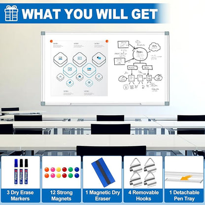 White Board Dry Erase Whiteboard for Wall 72" x 48" Aluminum Presentation Magnetic Whiteboards with 4 Hooks, 12 Magnets, 3 Markers & 1 Eraser