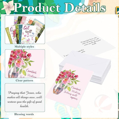 36 Sets Christian Get Well Soon Cards with Scripture Assorted Religious Bible Verse Wishing You Well Greeting Cards with Envelope(Printing Floral)