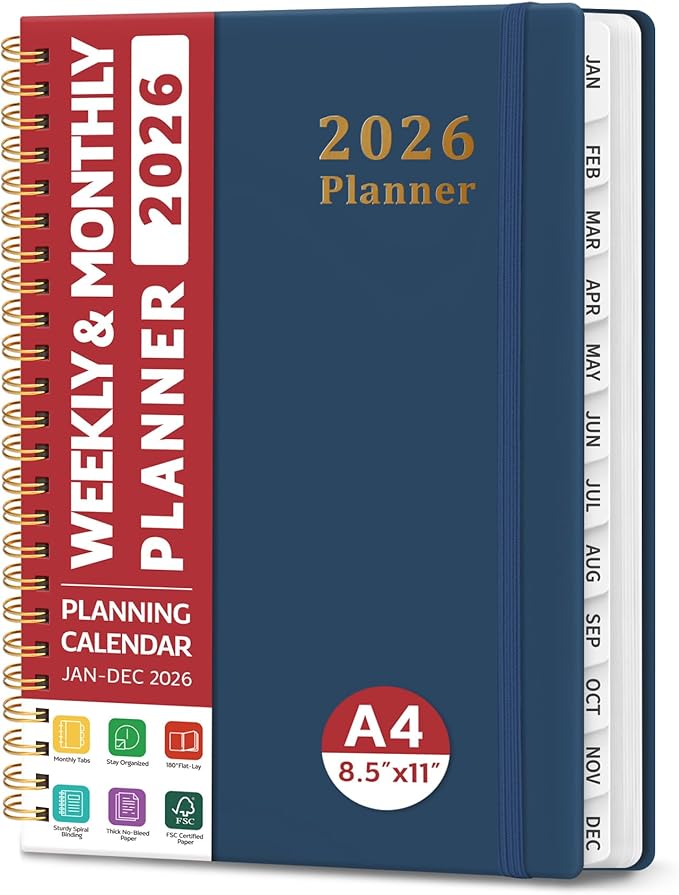 2026 Planner, Weekly and Monthly Calendar Planner, January 2026 - December 2026, Hardcover 2026 Calendar Planner Book with Tabs For Women & Men, Inner Pocket, Spiral Bound, Perfect for Office Home School Supplies - A4 (8.5" x 11"), Navy