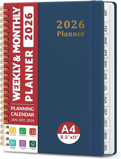 2026 Planner, Weekly and Monthly Calendar Planner, January 2026 - December 2026, Hardcover 2026 Calendar Planner Book with Tabs For Women & Men, Inner Pocket, Spiral Bound, Perfect for Office Home School Supplies - A4 (8.5" x 11"), Navy
