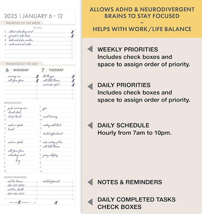 Essential PRO 2025 Daily, Weekly & Monthly Planner, 8.5"x11": 14 Months (Nov 2024 - Dec 2025) Monthly Tabs,Daily Tracking,Notes Pages,Storage Pocket,Bookmark w Sticky Notes (Teal Floral)