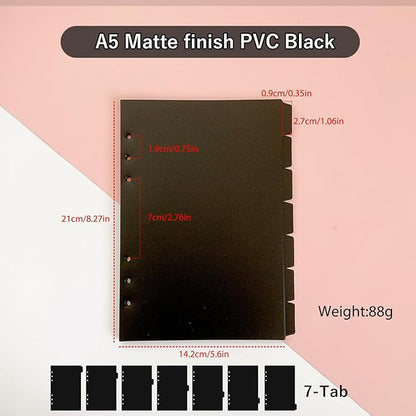 DY.2ten Black Binder Dividers for 6-Holes Ring Binder, 1/7 Cut Tabs, A5 Size, Sturdy Plastic Dividers with 7 Tabs for School Office Home, 2 Sets, 14 Dividers, 2 Tab Stickers.