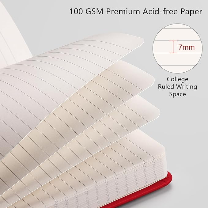 RETTACY Journaling Notebooks, A5 Lined Journal Notebook with 192 Numbered Pages, 5.7'' × 8.3'' Medium Size, for Writing, Work, Office, Leather Hardcover, 100 GSM Thick Paper (Red)