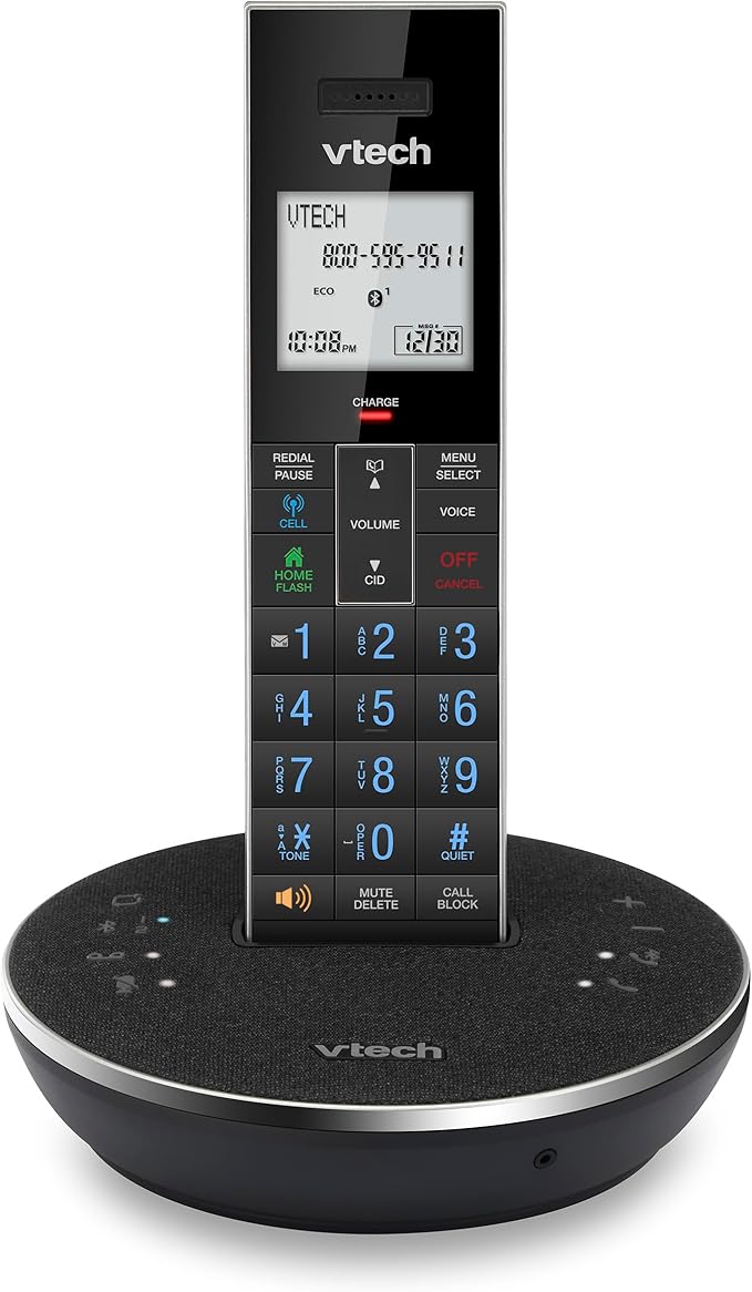VTech LS6381 DECT 6.0 Cordless Phone with Bluetooth Speaker, Echo Cancellation, Noise Reduction, Music Streaming, Landline Phone with Answering Machine Easy to Read Smart Call Blocker